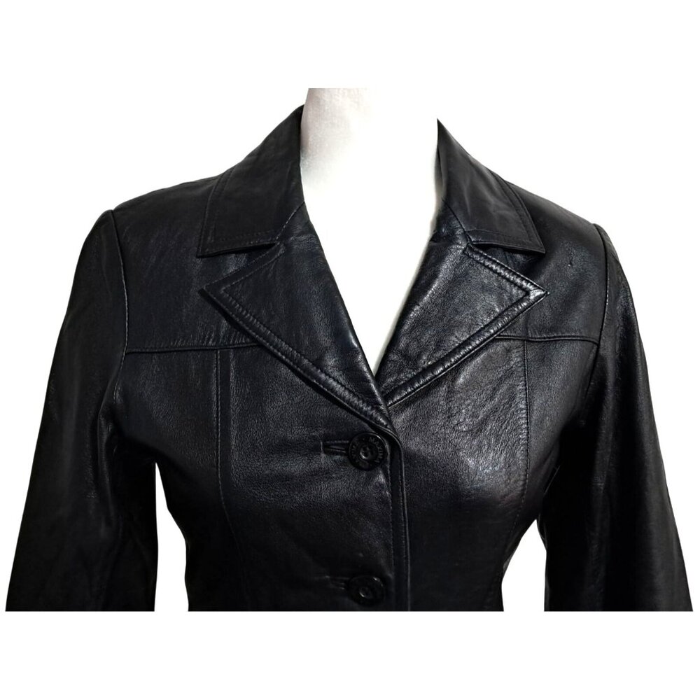 Vintage 1990s Wilsons Leather Maxima Womens XS Black Fitted Blazer Jacket - Picture 7 of 12